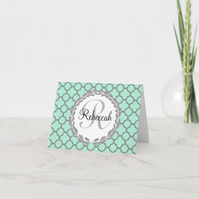 Mint Green Grey Quatrefoil Name Monogram Note Card (Front)