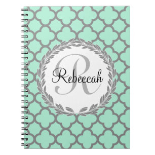 Mint Green Grey Quatrefoil Name Monogram Notebook