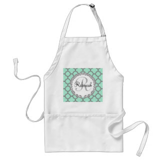Mint Green Grey Quatrefoil Name Monogram Standard Apron