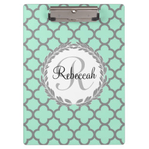 Mint Green Grey Quatrefoil Name Monogrammed Laurel Clipboard