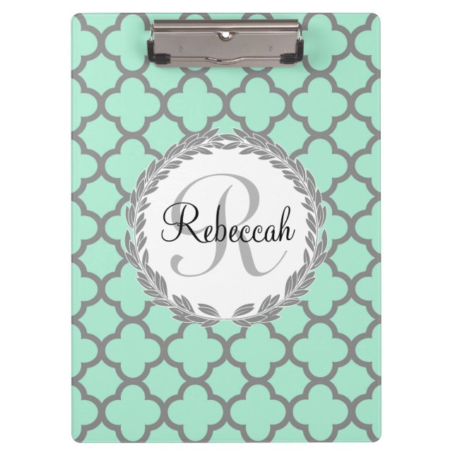 Mint Green Grey Quatrefoil Name Monogrammed Laurel Clipboard (Front)