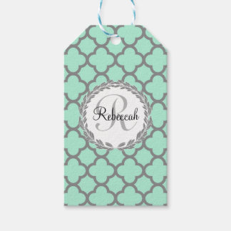 Mint Green Grey Quatrefoil Name Monogrammed Laurel Gift Tags