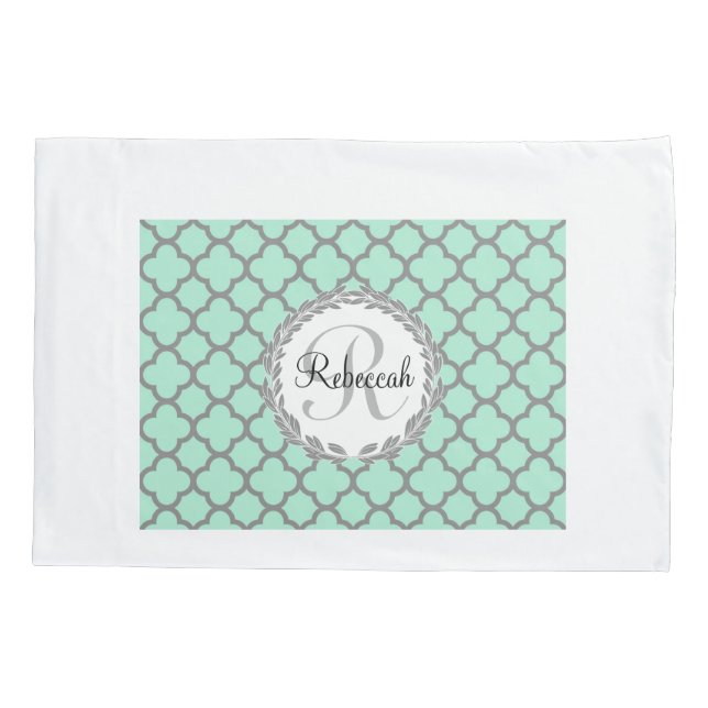 Mint Green Grey Quatrefoil Name Monogrammed Laurel Pillowcase (Back)