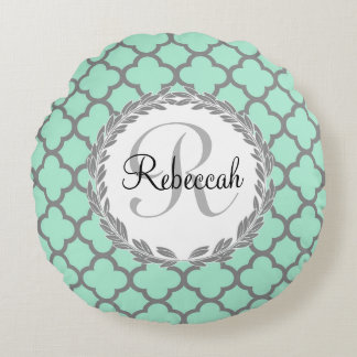 Mint Green Grey Quatrefoil Name Monogrammed Laurel Round Cushion
