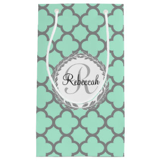 Mint Green Grey Quatrefoil Name Monogrammed Laurel Small Gift Bag