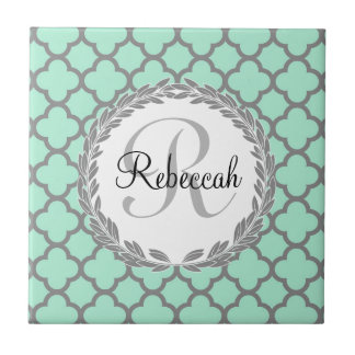 Mint Green Grey Quatrefoil Name Monogrammed Laurel Tile