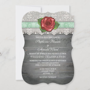 Mint Green Grey Rustic Wood Rose Wedding Invite