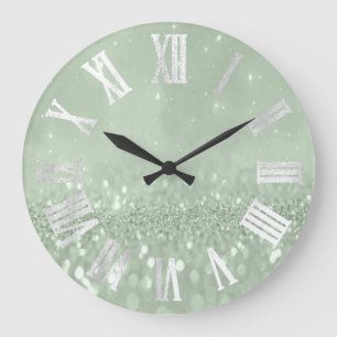 Mint Green Grey Silver Glitter Metal Roman Numers Large Clock
