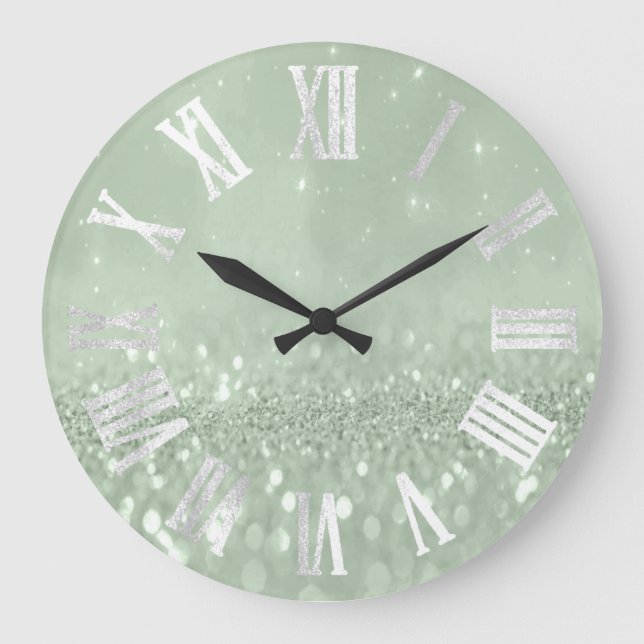 Mint Green Grey Silver Glitter Metal Roman Numers Large Clock (Front)