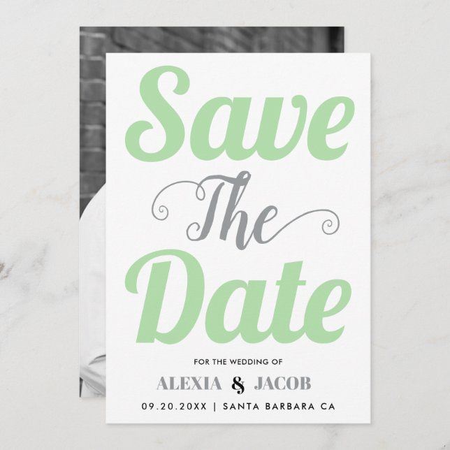 Mint green, grey typography and photo on the back save the date (Front/Back)