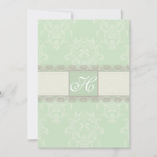 Mint Green Grey Vintage Damask Wedding Invitation (Front)