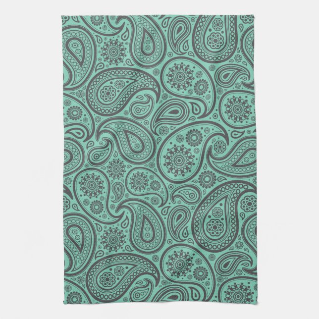 Mint-Green & Grey Vintage Paisley Damasks Tea Towel (Vertical)