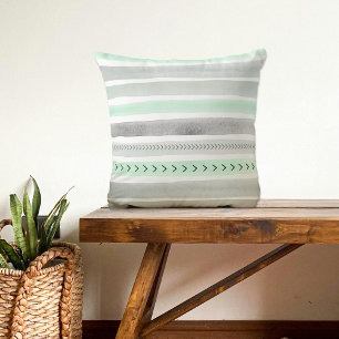 Mint Green Grey Watercolour Stripes Arrows Pattern Cushion