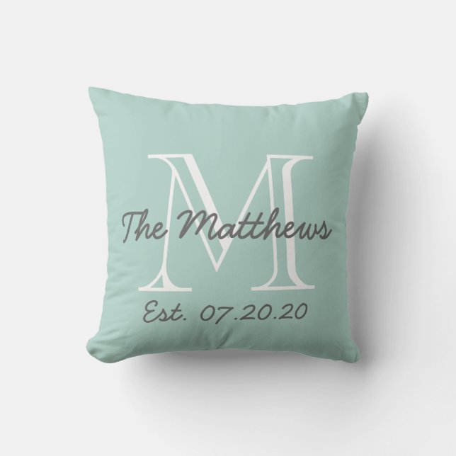 Mint Green Grey White Family Monogram Cushion (Front)