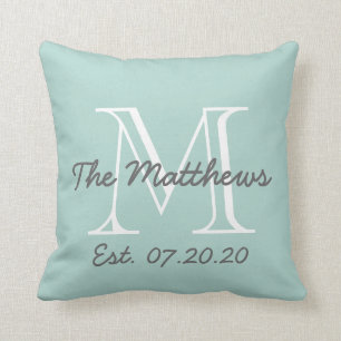 Mint Green Grey White Family Monogram Cushion