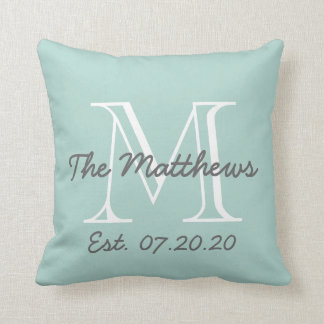 Mint Green Grey White Family Monogram Cushion