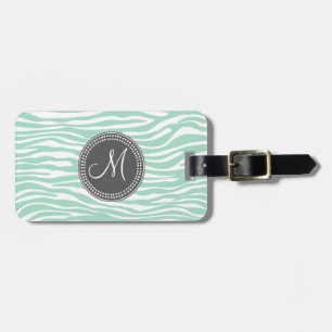 Mint Green & Grey Zebra Monogram Pattern Luggage Tag