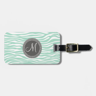 Mint Green & Grey Zebra Monogram Pattern Luggage Tag