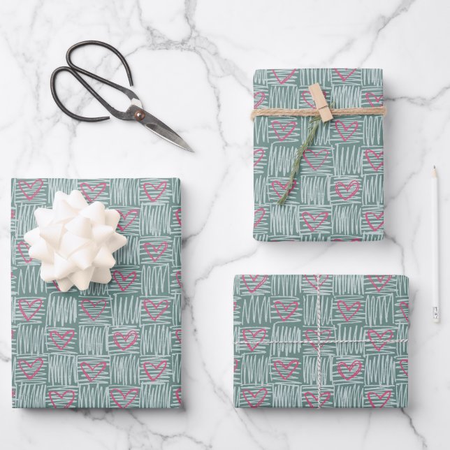 Mint Green Hand-Drawn Hearts Pattern Wrapping Paper Sheet (Front)