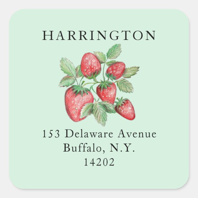Mint Green Hand-Drawn Strawberry Return Address Square Sticker (Front)