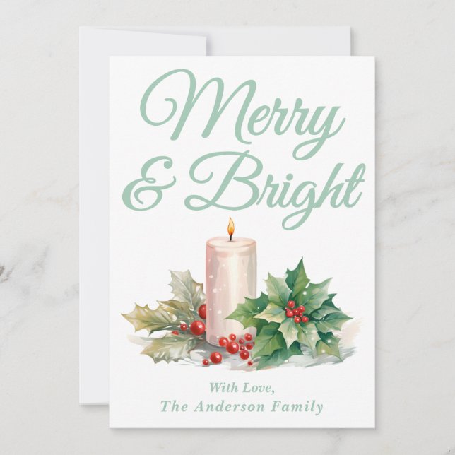 Mint Green Handwritten Script Merry & Bright Holiday Card (Front)