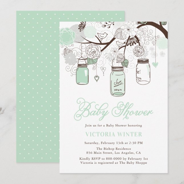 Mint Green Hanging Mason Jars Floral Baby Shower Invitation (Front/Back)