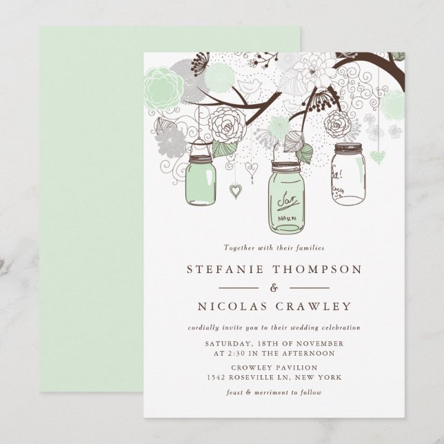 Mint Green Hanging Mason Jars Wedding Invitation (Front/Back)