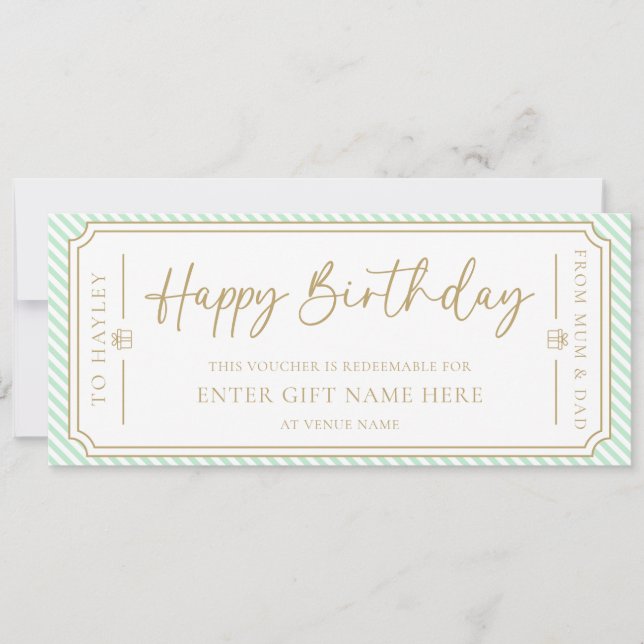 Mint Green Happy Birthday Gift Voucher Card (Front)