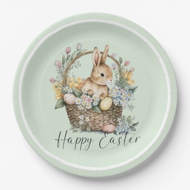 Mint Green Happy Easter Bunny Paper Plate (Front)