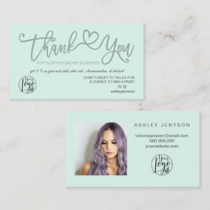 Mint green heart photo logo order thank you business card