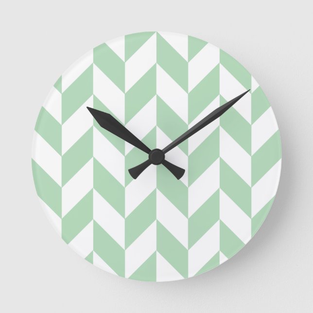 Mint Green Herringbone Pattern Round Clock (Front)