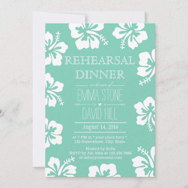 Mint Green Hibiscus Flowers Rehearsal Dinner Invitation (Front)