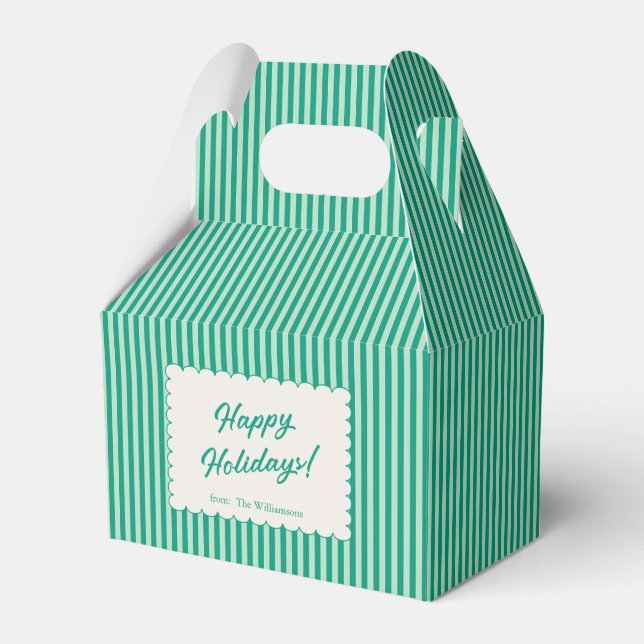 Mint Green Holiday Stripe Personalized Christmas Favour Box (Front Side)
