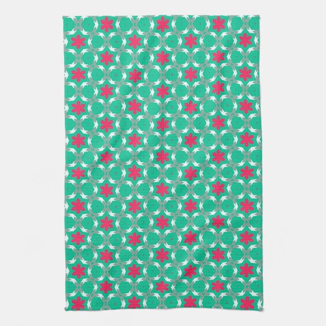 Mint green + Hot pink geometric floral Pattern Tea Towel (Vertical)