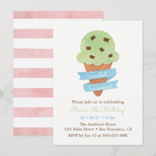 Mint Green Ice Cream Cone Kids Birthday Party Invitation