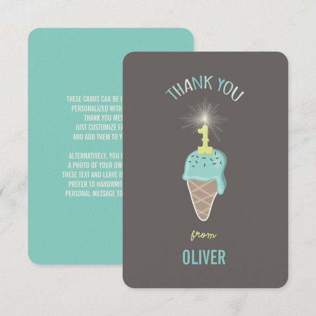 Mint Green Ice Cream Sparkler Boy's 1st Birthday Thank You Card (Front/Back)