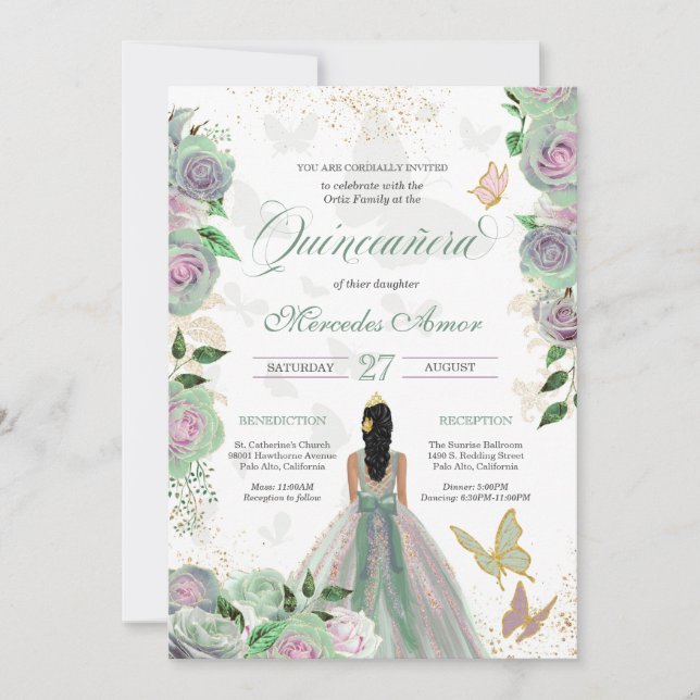 Mint Green & Lavender Roses Butterfly Quinceanera  Invitation (Front)