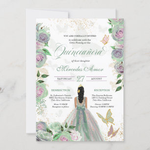 Mint Green & Lavender Roses Butterfly Quinceanera  Invitation