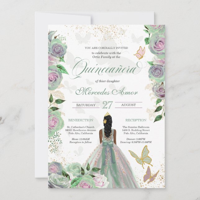 Mint Green & Lavender Roses Butterfly Quinceanera  Invitation (Front)
