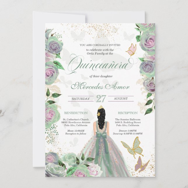 Mint Green & Lavender Roses Butterfly Quinceanera  Invitation (Front)