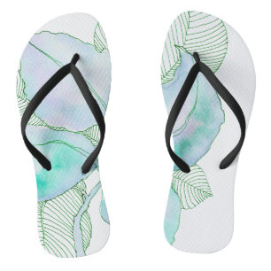 Mint Green Lavender Watercolor Botanical Leaves Flip Flops