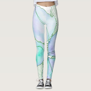 Mint Green Lavender Watercolor Botanical Leaves Leggings