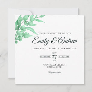 Mint Green Leaf Floral Watercolor Square Wedding Invitation