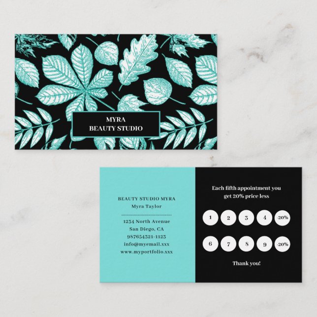 Mint Green Leafy Monogram Name Business Card (Front/Back)