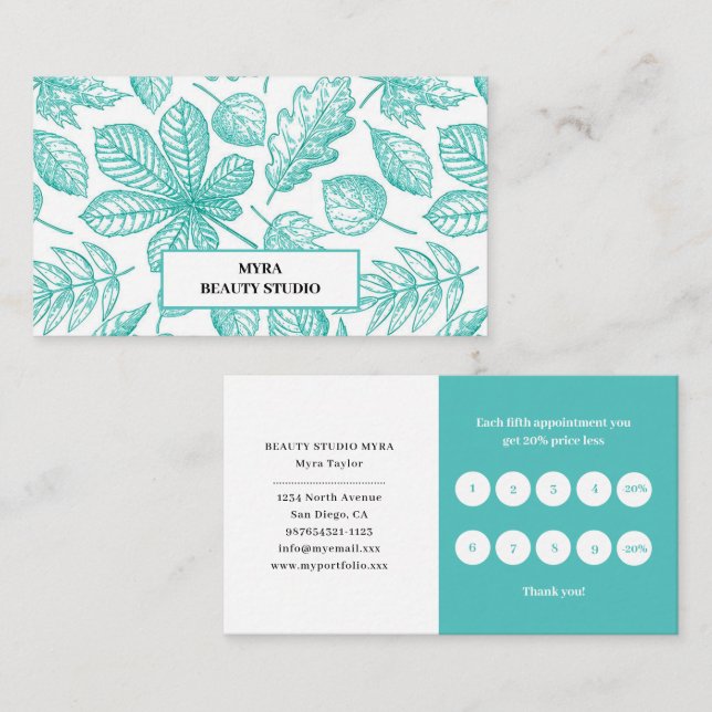 Mint Green Leafy Monogram Name Business Card (Front/Back)