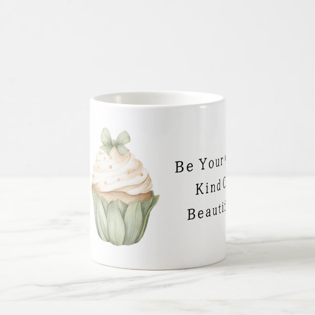 Mint Green Leaves Bow Creamy White Cupcake Coffee Mug (Center)