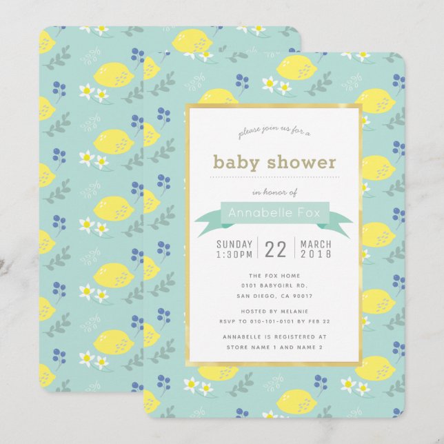 Mint Green Lemon Floral Baby Shower Invitation (Front/Back)