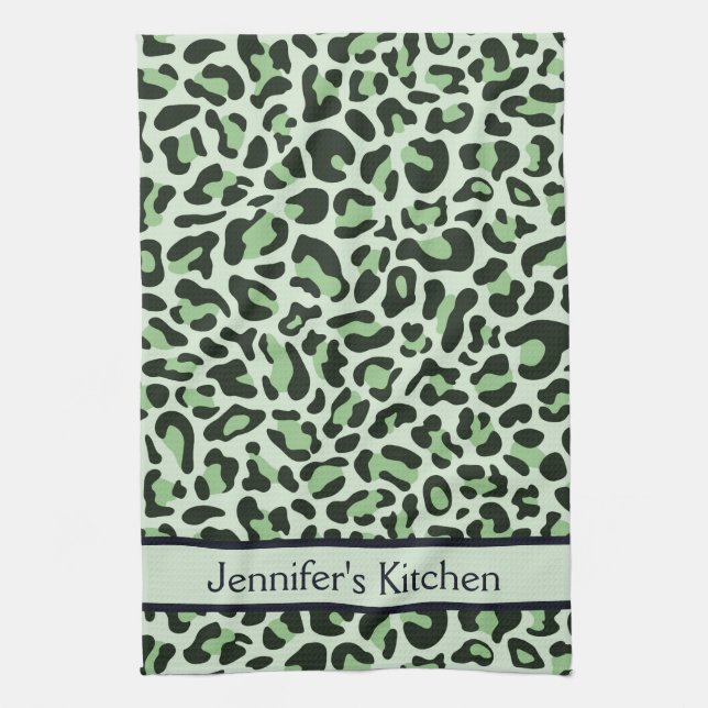 Mint Green Leopard Print Retro Kitchen Towel (Vertical)