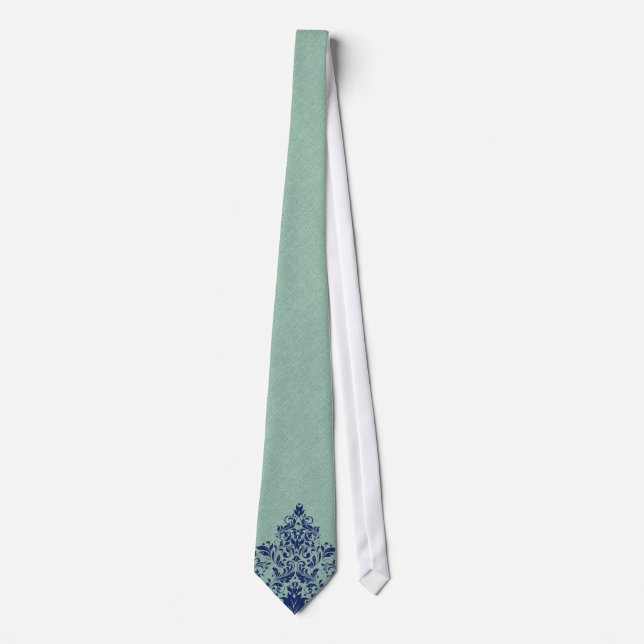Mint-Green Linen Texture Blue Floral Lace Tie (Front)