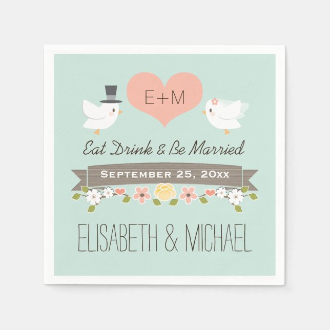 Mint Green Love Birds Dove Wedding Napkin (Front)